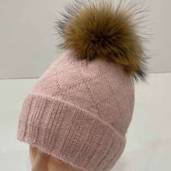Knit Beanie Hat with Real Fox Fur Pom - Picture 1 of 1